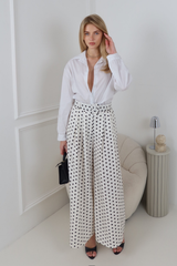 ADIBA WHITE POLKA DOT BELTED STRAIGHT LEG TROUSERS