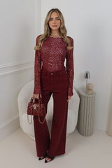 DELIA BURGUNDY DEER PRINT MESH LONG SLEEVE TOP