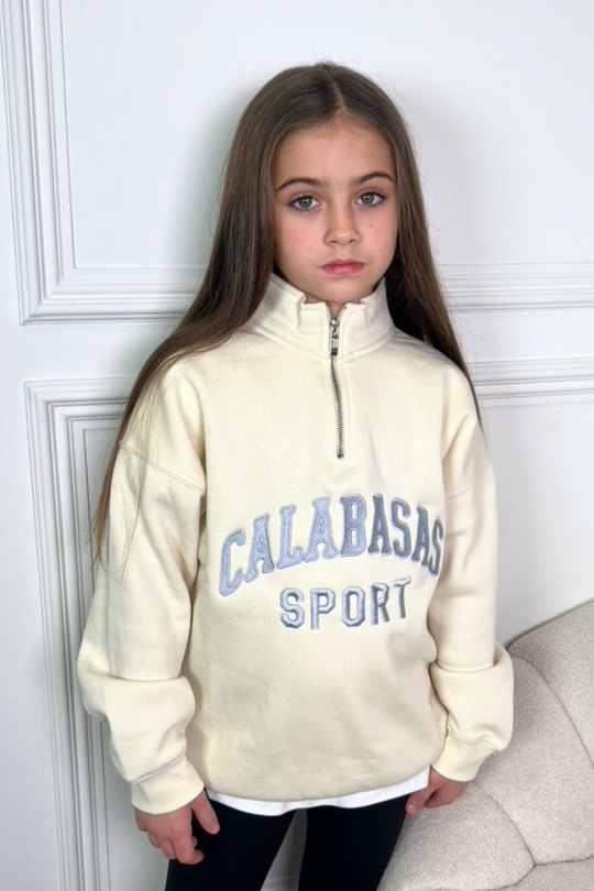 Mini Calabasas ecru embroidered 3/4 zip sweater loungewear