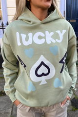 Lucky sage green printed  relaxed hoodie