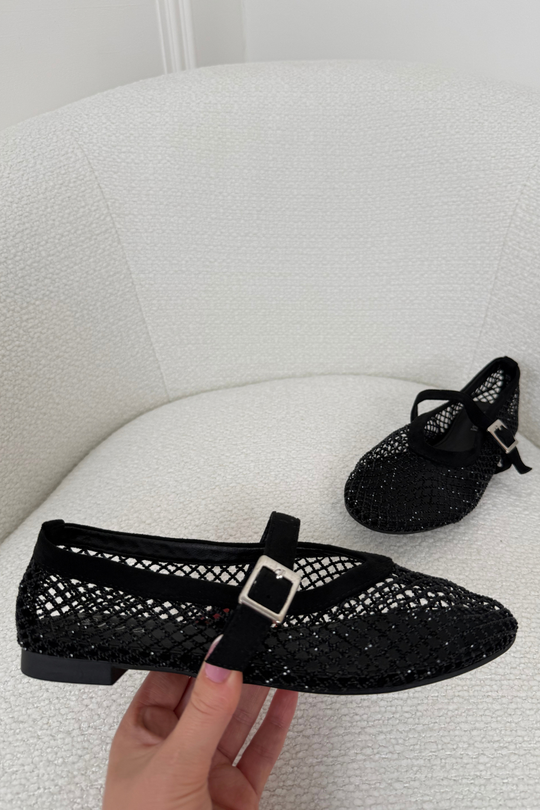 SAFFRON BLACK DIAMANTE NET BALLET FLATS
