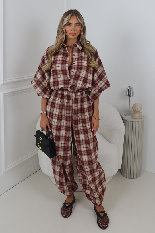 KENDALL BURGUNDY CHECK PUFF SLEEVE SHIRT