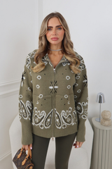PETRA OLIVE KNITTED FULL ZIP HIGH NECK CARDIGAN