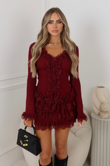 Skyler burgundy knit lace top & ruffle mini skirt co ord