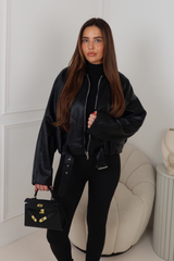 AISA BLACK FAUX LEATHER COLLAR ZIP JACKET