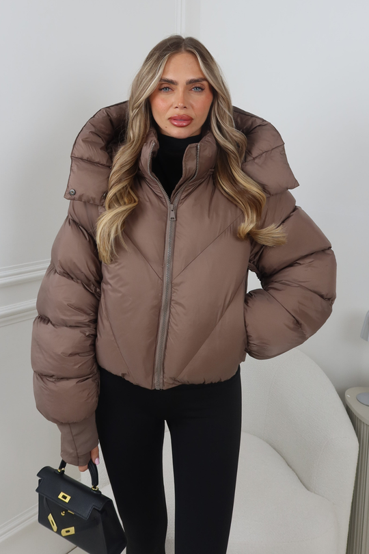 MIA TAUPE CROPPED PUFFER JACKET WITH DETACHABLE HOOD