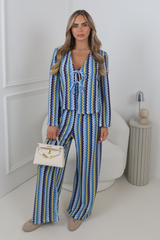 ORLANDO BLUE MULTI STRIPED FRONT TIE TOP AND PANTS CO ORD