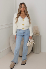 Maddie cream fluffy knit gold button cardigan