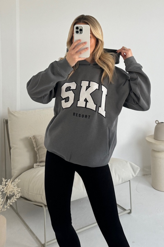 Ski resort steel grey embroidered applique relaxed hoodie