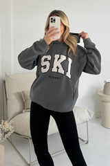 Ski resort steel grey embroidered applique relaxed hoodie