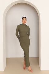 Nola khaki crinkle jersey midi dress