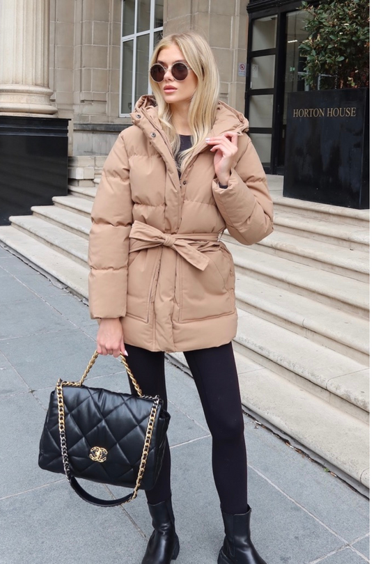 Naomi camel belted puffer coat