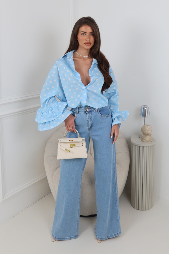 JANE BLUE POLKA DOT RUFFLE CUFF SHIRT