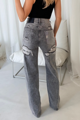 Jasmine grey denim diamante pocket wide leg jeans