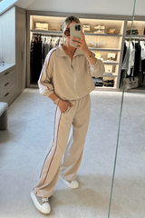 Lauren beige contrast piping zip jacket & trouser loungewear