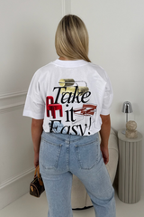 TAKE IT EASY PRINTED WHITE OVERSIZED TSHIRT