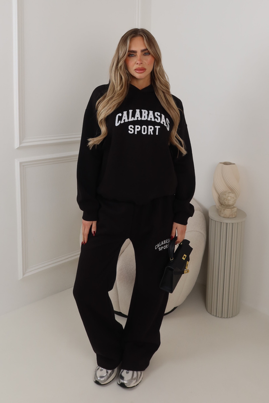 CALABASAS BLACK EMBROIDERED HOODIE & STRAIGHT LEG TROUSERS LOUNGEWEAR