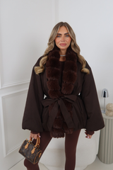 GRACIE CHOCOLATE TIE WAIST FUR COLLAR JACKET
