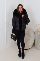 Verity black hooded puffer coat with faux fur trim