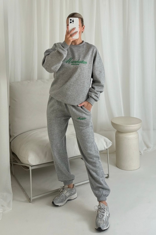 Manhattan marl grey and green embroidered sweater joggers loungewear