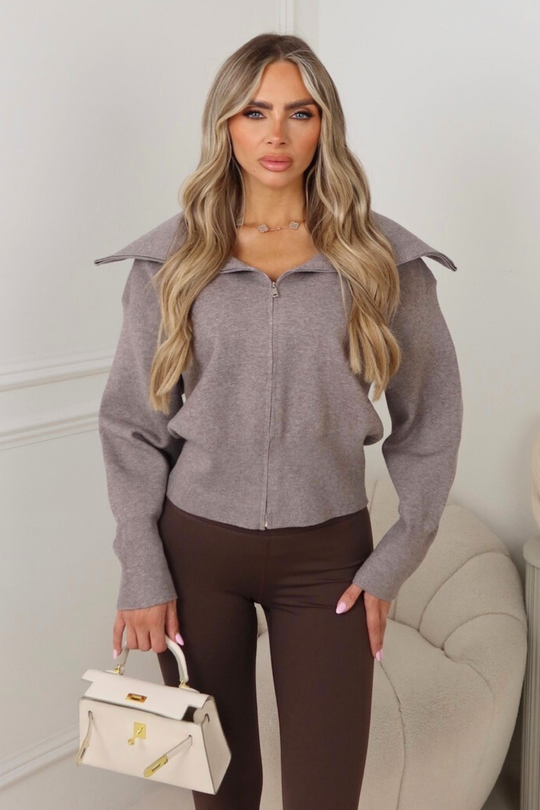 Kendall taupe knit zip up cardigan