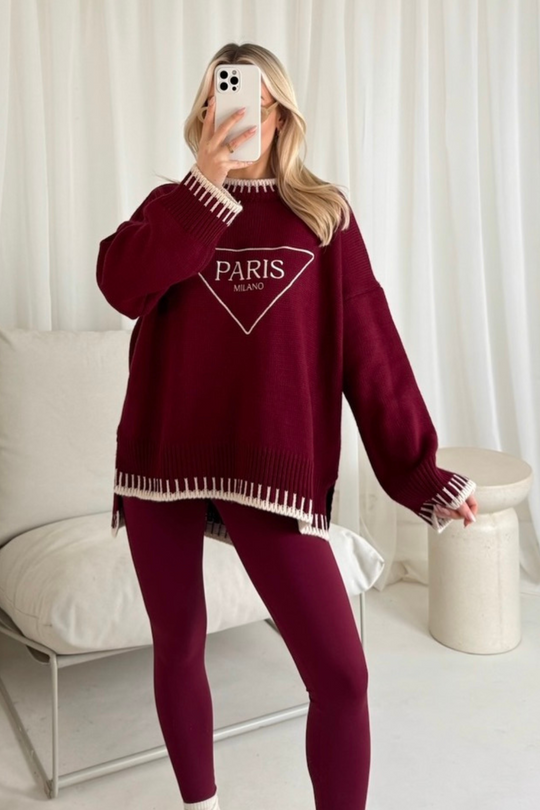 Paris triangle embroidered burgundy knit jumper