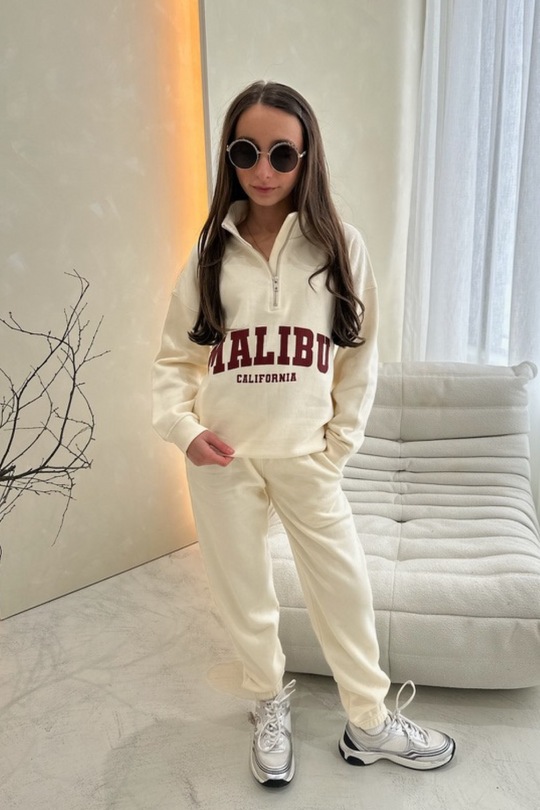 Mini Malibu ecru printed 3/4 zip sweater and joggers