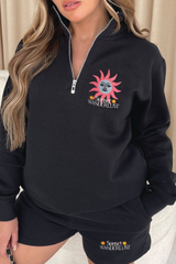 Sunset wanderlust Black embroidered 3/4 zip sweater loungewear set