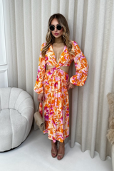 Miley orange and pink floral cut out midi dress
