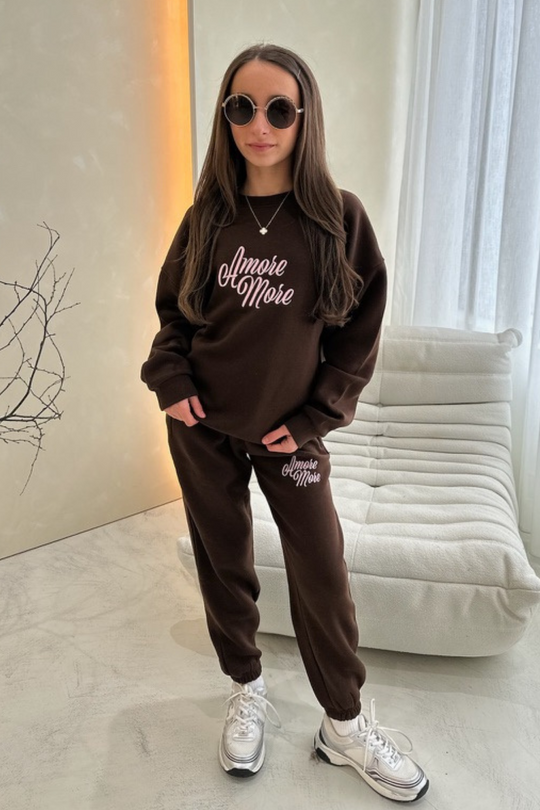 Mini Amore more chocolate embroidered sweater jogger loungewear