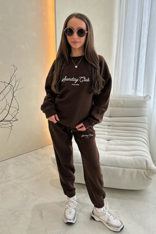 Mini embroidered chocolate Sunday Club sweater loungewear set