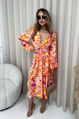 Miley orange and pink floral cut out midi dress