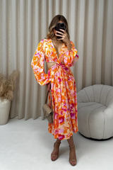Miley orange and pink floral cut out midi dress