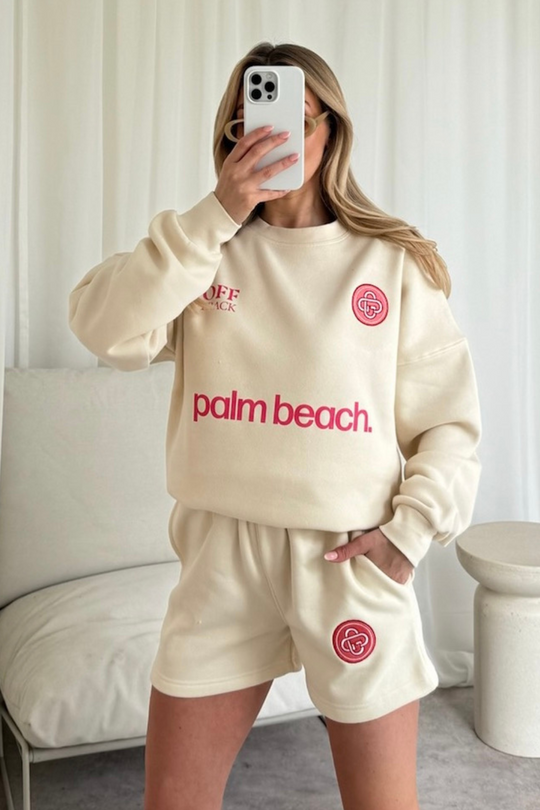 G mono embroidered palm beach pink ecru sweater shorts loungewear