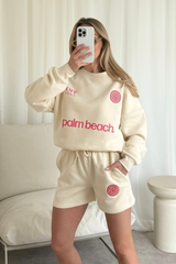 G mono embroidered palm beach pink ecru sweater shorts loungewear