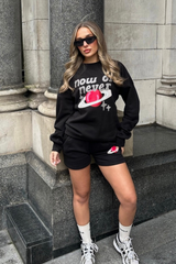 Now or never black printed sweater shorts loungewear