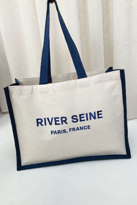 River seine navy embroidered large tote