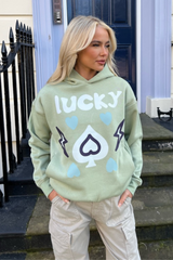 Lucky sage green printed  relaxed hoodie