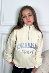 Mini Calabasas ecru embroidered 3/4 zip sweater loungewear
