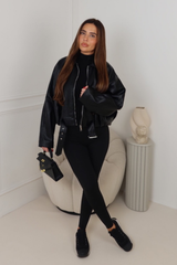 AISA BLACK FAUX LEATHER COLLAR ZIP JACKET