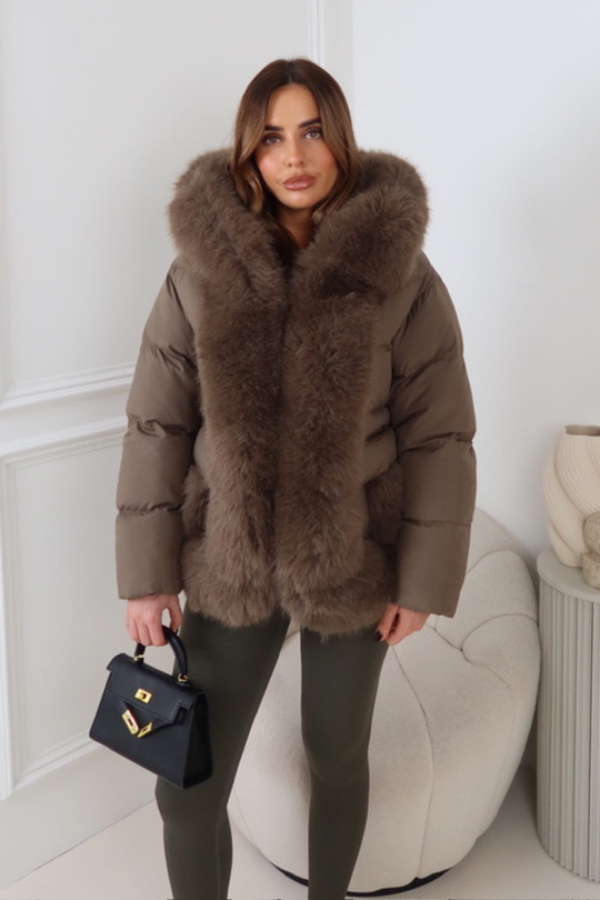 PALMA TAUPE FAUX FUR HOOD & ZIP SHORT COAT