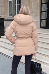 Naomi camel belted puffer coat