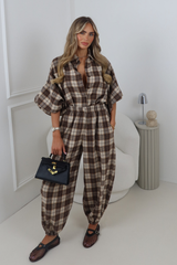 KENDALL BROWN CHECK PUFF SLEEVE SHIRT
