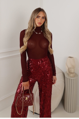 MAKENNA BURGUNDY MESH HIGH NECK LONG SLEEVE BODYSUIT