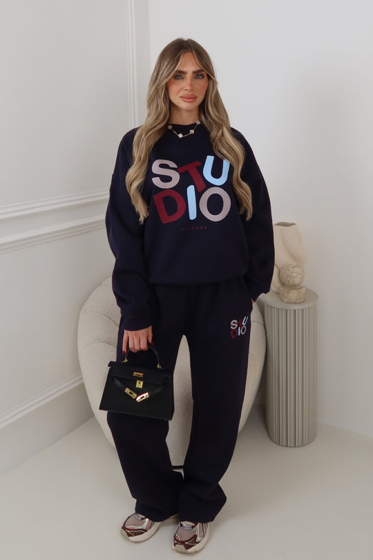 Studio multi colour printed navy sweater & straight leg jogger set