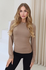 Gracie Beige Fitted Long Sleeve Top Tops
