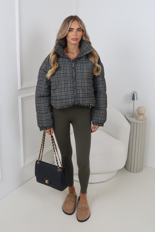 RAINA BLUE AND BROWN CHECK PUFFER JACKET