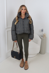 RAINA BLUE AND BROWN CHECK PUFFER JACKET