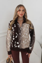 OTTILIE CHOCOLATE DEER PRINT ZIP UP JUMPER
