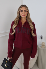 PILATES BURGUNDY PRINTED FULL ZIP HOODIE